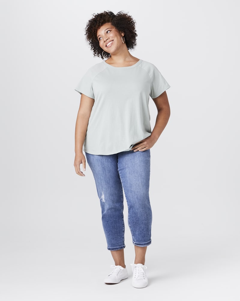 Plus size model with apple body shape wearing Nancy Cotton Tee by East Adeline | Dia&Co | dia_product_style_image_id:144120